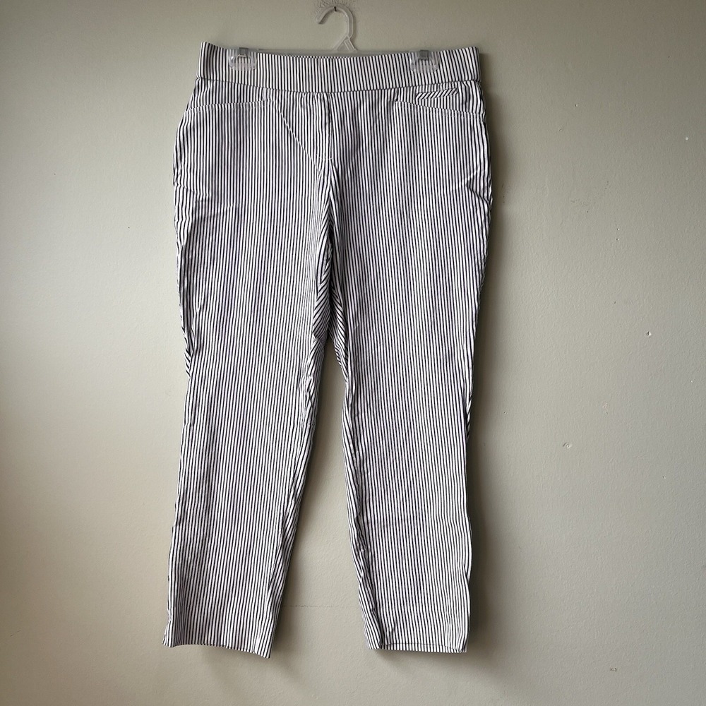 Anne Klein Pull On Slim Crop Pants size 12 Black White Railroad Stripes